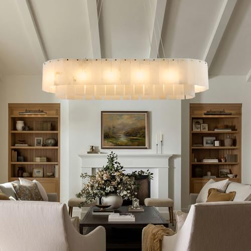 Alabaster Modern Luxury Rectangle Chandelier: 39" Spanish Oval Natural Marble Linear Gold Dining Room Light Fixture - Large Adjustable Pendant Long Rectangular Chandelier for Dining Living K