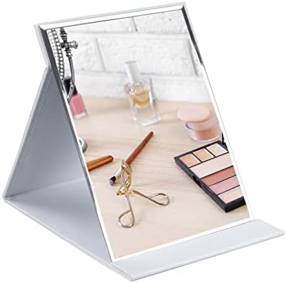 ZBEIVAN 10x7 Inches Portable Folding Makeup Mirror, Frameless PU Leather Desk Mirror with Stand for Camping Travel Tabletop Personal, White