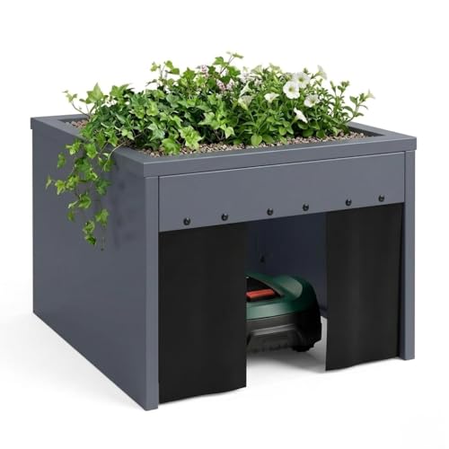 Nicoman Robotic Lawn Mower Garage with Planter Box Grey Metal 61x71x43cm Outdoor Storage Shelter
