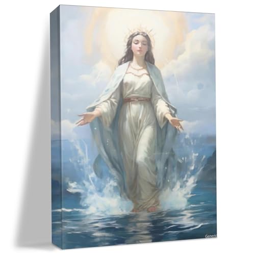 Mother Mary Poster Print, Star of The Sea Blessed Virgin Mary Painting Christian Prayer Wall Art Catholic Gifts Frame, 8x10inch