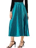 Allegra K Women Pleated Skirt Midi Length Elastic High Waisted A Line Metallic Shirring Party Skirts X-Large Peacock Blue