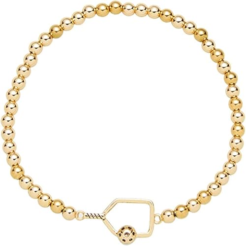 Pickleball Beaded Stretch Bracelet – Gold Tone Adjustable Sports Jewelry for Pickleball Fans and Players – 6.25 Inch