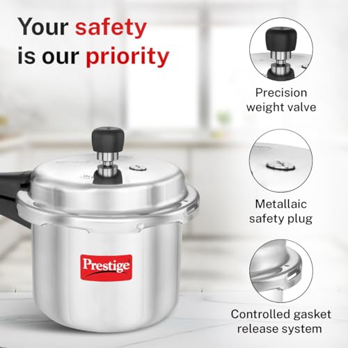 Image of Prestige 3 Litre Aluminium Popular Outerlid Pressure Cooker | Virgin Aluminium| Gas Compatible|Controlled Gasket Release System|5 years warranty|ISI Certified