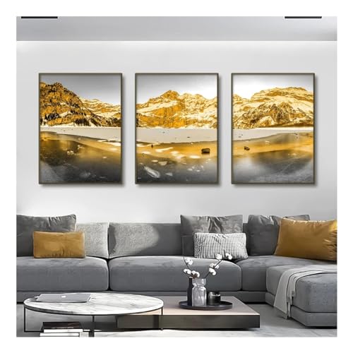 Lac Toile Peinture Paysage Doré triptyque contemporain pour décoration de salon