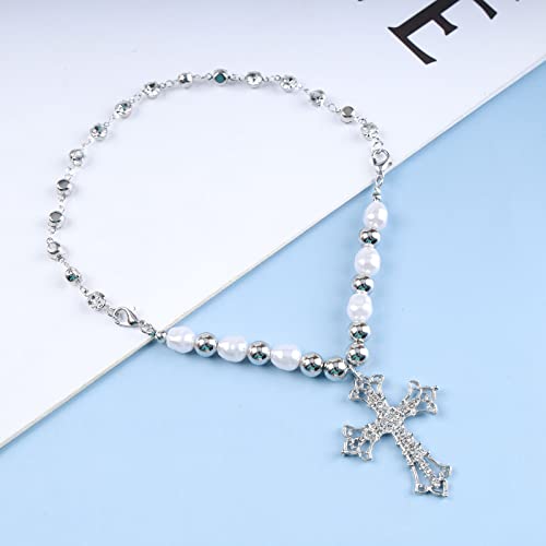 Yiendoo Punk Crystal Cross Pearl Necklace Choker Gothic Pave Rhinestone Cross Crucifix Pendant Necklace Silver Pearl Beaded Choker Big Crystal Cross Necklace Charm Jewellery For Women And Girls #TOP3