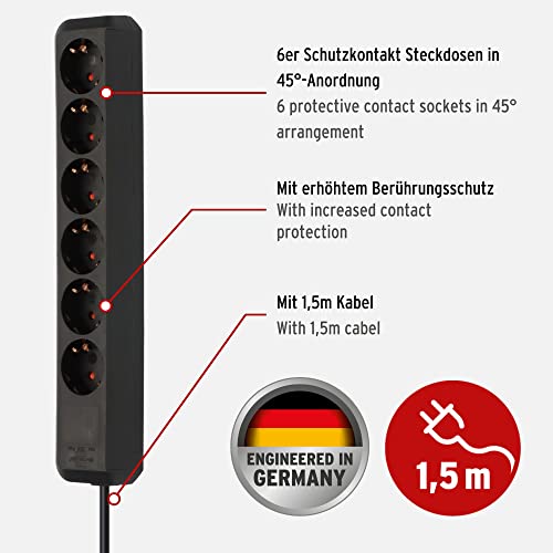 Brennenstuhl Eco-Line, Steckdosenleiste 6-Fach (Mehrfachsteckdose mit erhöhtem Berührungsschutz und 1,5m Kabel) schwarz