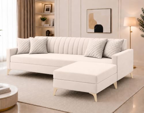 Image of AMATA Falcon ele 4 Seater Fabric Suede Velvet Cream Colour Sofa Set with Four Cushions Perfect for Home Office Guests Living Room (Falcon Cream 01, Falcon 4 Seater l Shape)(3 Year Warranty)