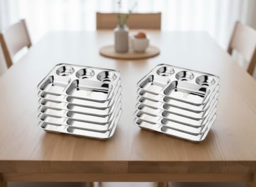 Image of MOHAM Stainless Steel Rectangular Partition Plate 5 in1 /Bhojan Thali /Compartment Plate /Steel Thali /Dinner Plate Pack of 12 for Breakfast /Lunch /Dinner /Pav Bhaji Plates
