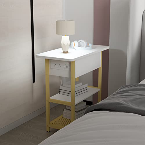 Yenlure End Table With Charging Station, Narrow Side Table With 5 Usb Ports & Outlets, Flip Top Nightstand For Small Space, Bedside Table With Storage Shelf For Living Room/Bedroom, White #TOP6