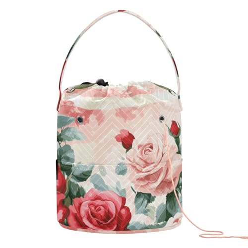 Image of Tatenale Crochet Bag Yarn Bag Knitting Project Bag with Pockets and Handle Portable Yarn Storage Organizer Tangle Free 8.3x11 InchPatriotic Red Roses and Hummingbirds38