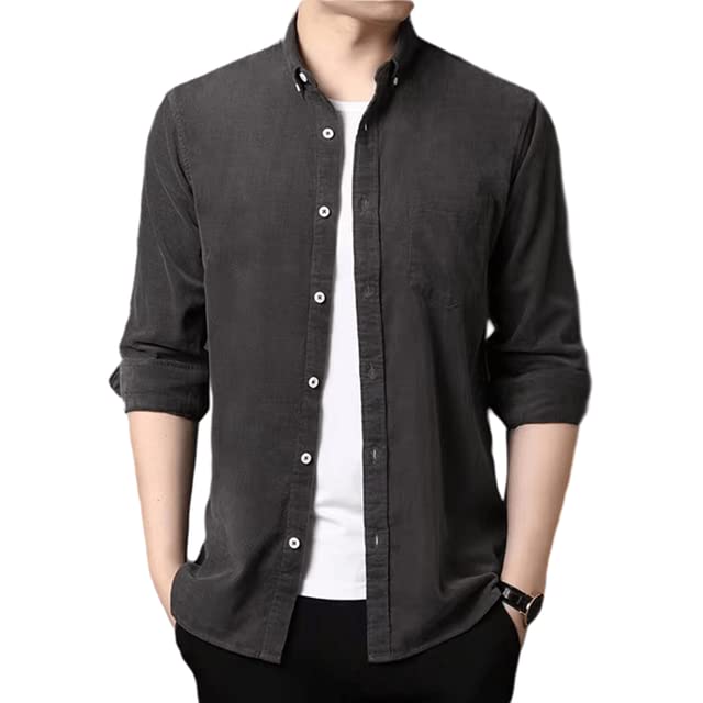 FORUI Men's Corduroy Shirt Casual Long Sleeve Button Down Lightweight Shirts for Men with Chest Pocket Dark Grey