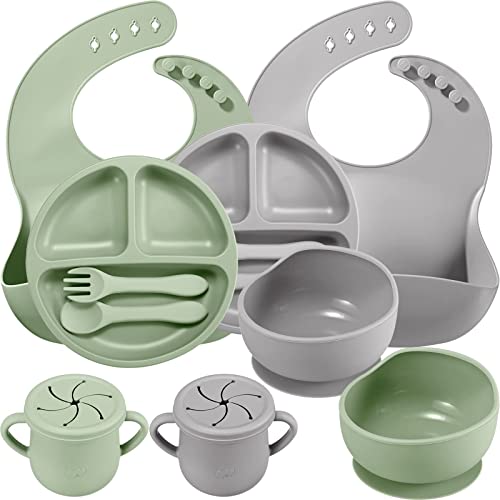 Image of Potchen 14 Pack Baby Feeding Set, Silicone Baby Led Weaning Feeding Supplies with Suction Bowl Divided Plate Adjustable Bib Soft Spoon Fork Snack Cup with Lid Drinking Cup, Utensil (Army Green, Grey)