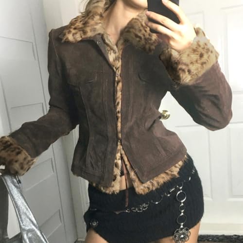 Women's Y2K Leopard Print Faux Fur Jacket Open Front Button Long Sleeve Cropped Fuzzy Outwear Cheetah Trim Jacket2