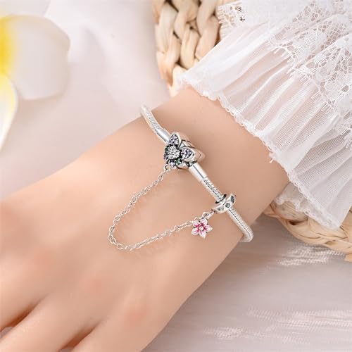 Image of 925 Sterling Silver Snake Chain Bracelets Fit Pandora Charms,Heart Clasp Bracelets Perfect For Any Glamour Gift for Women with 5 A Cubic Zirconia