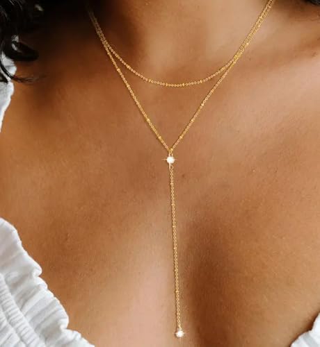 iF YOU Lariat Gold Long Necklaces for Women Trendy, Dainty 14K Gold Plated Drop Chain Necklace, Layered Rosary Beaded Y Necklaces Simple Fashion Jewelry Gifts4