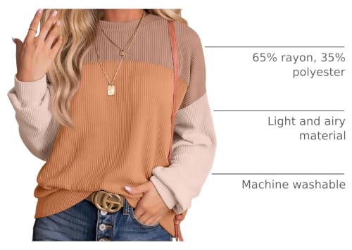 Image of Womens Fashion 2024 Color Block Long Sleeve Crewneck Knitted Ribbed Shirts Loose Tunic Tops Casual Oversized Pullover