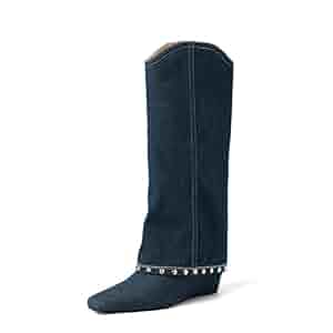 Amazon.com | Fold Over Denim Boots Knee High Rivets Jean