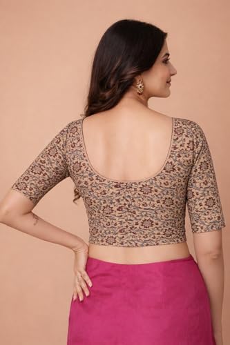 Image of Amazon Brand - Anarva Women's Kalamkari Print Cotton Stretchable Round Neck Readymade Saree Blouse
