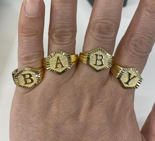 Image of 18k gold plated brass Hexagon shape initial ring already sized ring