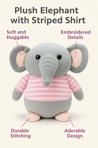 Image of Fun4you Plush Elephant Stuffed Animal Toy with Blue Striped T-Shirt, Soft Toy for Kids, Grey (Pink)