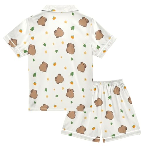 Cute Capybara with Trees Summer Satin Pajama Set, Cute Button-Down Sleepwear Pj Set for Sleep Wears2