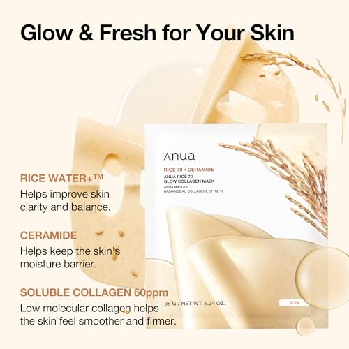 ANUA Rice 70 Glow Collagen Mask, Overnight Face Mask for Glass Skin, Ceramide, Collagen Facial Mask, Skin Moisture Barrier, Tightening Care, Natural Color, Korean Skin Care, 38g/4ea - imagen 3