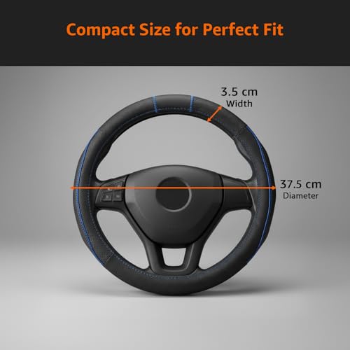 Image of Amazon Basics Leather Steering Wheel Cover (Medium - 38 cm) | Breathable, Non-Slip Polyvinyl Grip with Sporty Black Stitching & Easy Installation (Black and Blue)