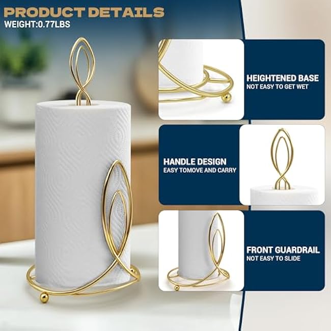Candle Shaped Paper Towel Holder, Countertop-Decorative Farmhouse Tissue Paper roll Holder, Rustic Metal Modern Stand for Kitchen Bathroom Rest Room (Brass)