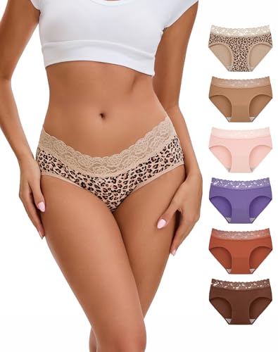 INNERSY Womens Underwear Lace Knickers Cotton Ladies Briefs Comfy Hipster Panties Midi Pants 6 Pack (12 1 Leopard/5 Autumn Plain Hues)