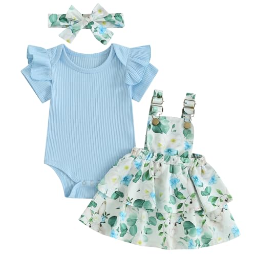 Image of Mubineo Baby Girl Summer Clothes Cute Outfits Short Sleeve Romper Overall Skirt Dress Headband 3PCS Newborn Outfit
