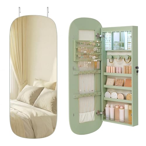 Image of SONGMICS HOME Jewelry Armoire, Mirror Jewelry Cabinet, Full Length Mirror with Storage, Wall or Over The Door Jewelry Organizer Cabinet, Built-in LED, Lockable Armoire, Green