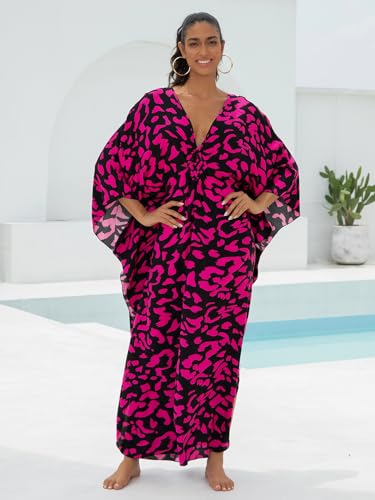 Image of IMAGEKOPE Women's Plus Size Animal Print V-Neck Batwing Kaftan Beach Dress Bathing Suit Cover-Up Loungewear