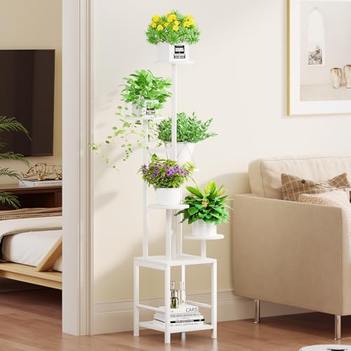 Image of Homsorout Plant Stand Indoor with Grow Light, 6-Tiered Tall Plant Stand Indoor, Metal Plant Shelf with Hanging Basket Hook and Adjustable Light, Ideal for Living Room, Garden, Round Patio white