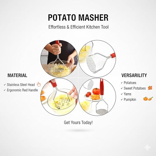 Image of YANCI Potato Masher, Stainless Steel Ricer Kitchen Gadget with Non-Slip Handle, Masher Utensil for Mashed Pav Bhaji, Vegetables, Fruits & Baby Food, Red, Pack of 1