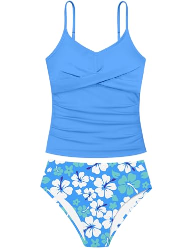 Image of Girls Swimsuit 2 Piece Bathing Suit Criss Cross Ruched Girl Tankini Sets Printed Girls' Swimwear for 9-18 Years