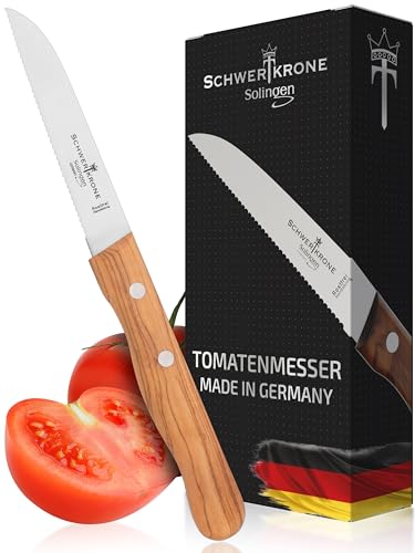 Schwertkrone Couteau à Légumes Premium en Bois d'Olivier, Lame Dentelée 8cm, Confort Ergonomique, Acier Inox Solingen