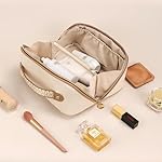Prite Makeup Bag for Women Travel Waterproof Vegan Leather Cosmetic Bag Open Flat Toiletry Bag With Clear Divider and Handle (Beige) - Image 2