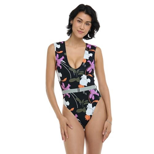 Body Glove Women's Standard Ezry V-Neck One Piece Swimsuit with Belted Detail