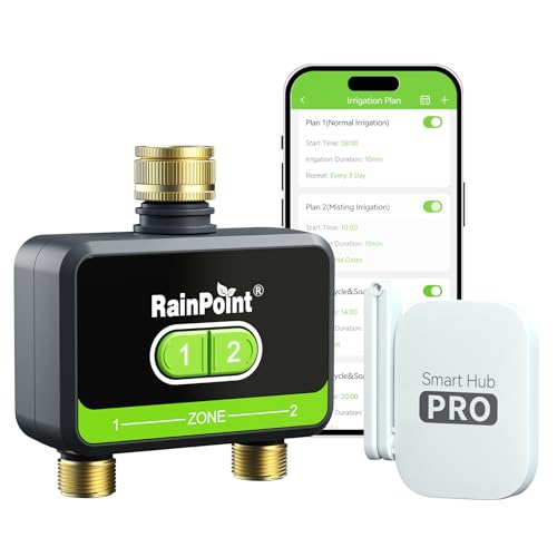 RAINPOINT Timer Irrigazione 2 uscite, ingresso e uscita in ottone, Centralina Irrigazione per irrigazione giardino con app/controllo vocale Alexa, ritardo della pioggia/controllo manuale/automatico