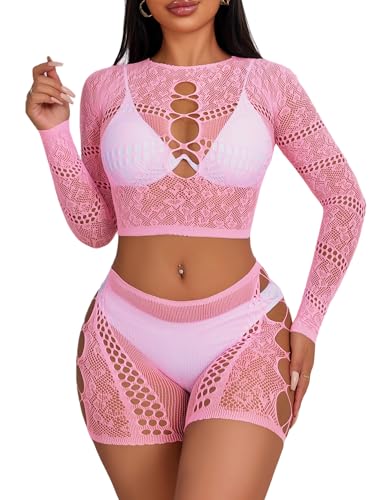 Avidlove Women's Mesh Lingerie Fishnet Babydoll Bodysuit See Through Shorts Long Sleeves Lingerie Bodysuit Cover Up