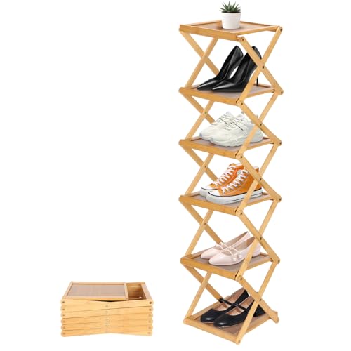 Vinnatsuシューズラック折りたたみシューズラック狭い玄関 折りたたみ 靴棚下駄箱 靴箱 棚 収納棚 玄関収納 靴 収納 省スペース 組立不要 4段/5段/6段天然竹製25cm*24cm*27cm (木の色, 25cm*24cm*110cm)