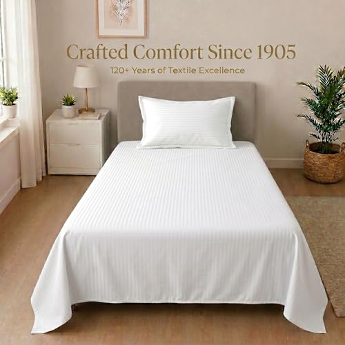 Image of Mafatlal Classic 210 TC 100% Cotton Single Bedsheet | 90 x 60 Inches | Soft & Breathable Fabric | Elegant Italian Stripes Pattern | Lightweight Comfort | White