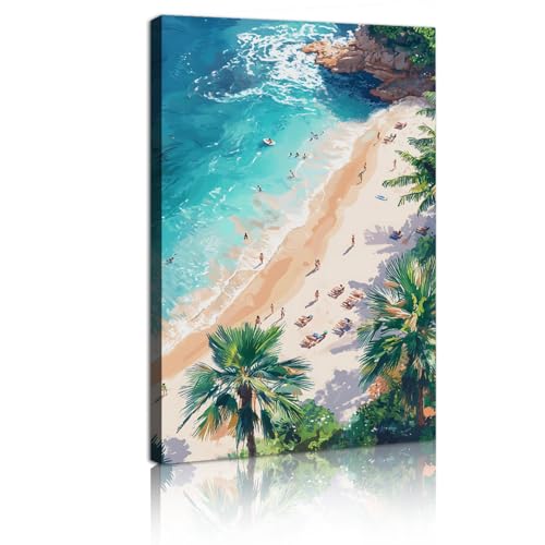 Tema estivo tela Pittura murale Surf Bagnanti Palme Decorazione parete Poster per la camera materna vivente Immagini pronte da appendere 30x50cm Innerframe
