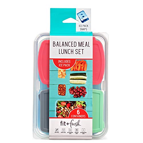 Fit & Fresh Balanced Meal Lunch Set with Ice Pack, BPA-Free, Microwave/Dishwasher Safe, Multicolored Lids, 7.5" x 5.25" x 4.75", multi