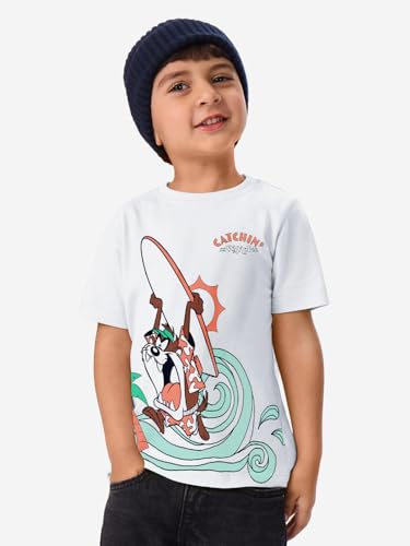 Image of The Souled Store Official Looney Tunes: Surfing with Taz Kids and Boys Regular fit Graphic Printed Half Sleeve Cotton White Color Boys T-Shirts