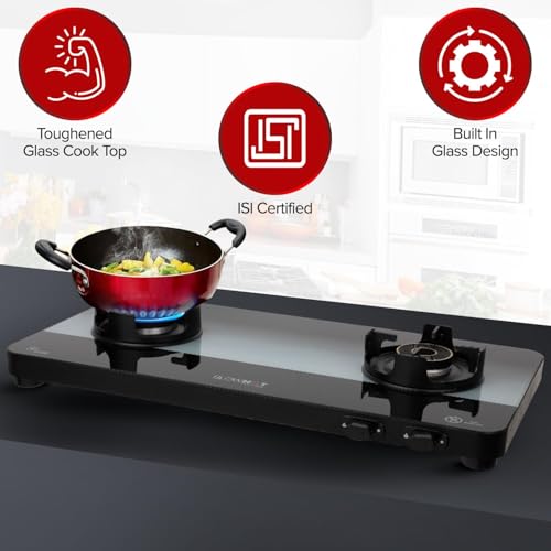 Image of BLOWHOT Premium Design 2 Burner Manual Cooktop, ISI Certified Slimmest Gas Stove | Built-in Dual Color Toughned Glass Top | 5 Year Warranty By Blowhot on Burner, Gas Valve And Glass, Black (Sapphire)