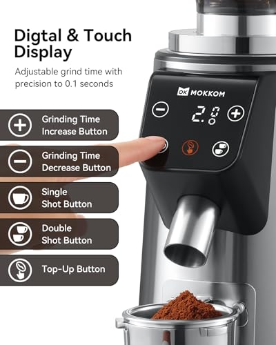 Image of MOKKOM Professional 64mm Flat Burr Coffee Grinder with 100 Grind Settings, All-Metal Stainless Steel Body, Coffee Bean Grinder with Adjustable Electronic Timer, Anti-Static, LED Display