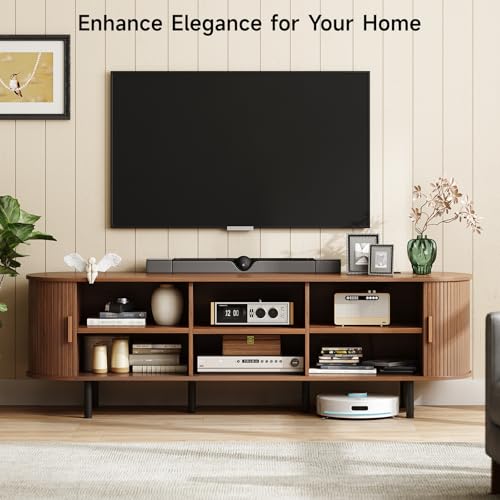 Image of ONBRILL 70.8 inch TV Stand with Power Outlet for TVs up to 75 Inch, Entertainment Center with Storage and Adjustable Shelves, Modern Media Console with Sliding Doors for Living Room, Walnut