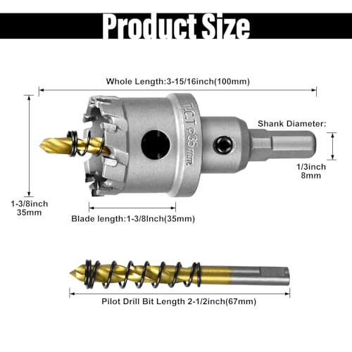 Image of SALI 1-3 /8 inch (35mm) TCT Hole Saw Kit Tungsten Carbide Tipped Hole Saw Drill Bit with Titanium-Plated Pilot Drill bit for Metal, Stainless Steel, Iron, Wood, Plastic