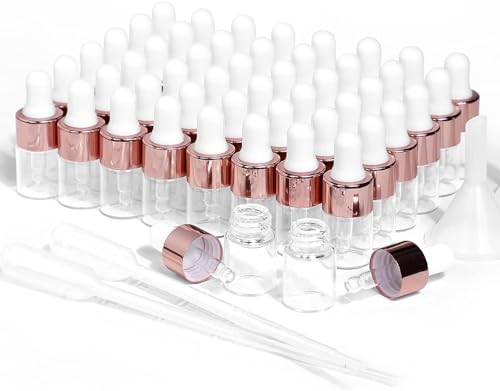 Parfumlism 50 Pcs Mini botellas cuentagotas de vidrio 2ml,botellas de aceite esencial con tapa dorada rosa,viales de tintura vacíos transparentes con dispensador de cuentagotas utilizado